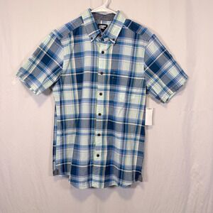 Lands' End Shirt Button Down Plaid Blue Green Short Sleeve Mens Size S
